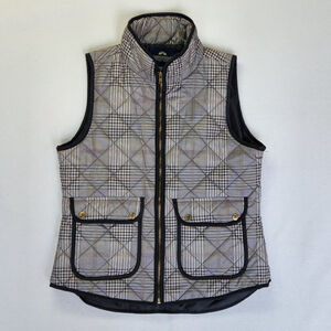 Equestrian Chic Plaid Quilted Vest Women’s Medium British Khaki Preppy Gold Zip